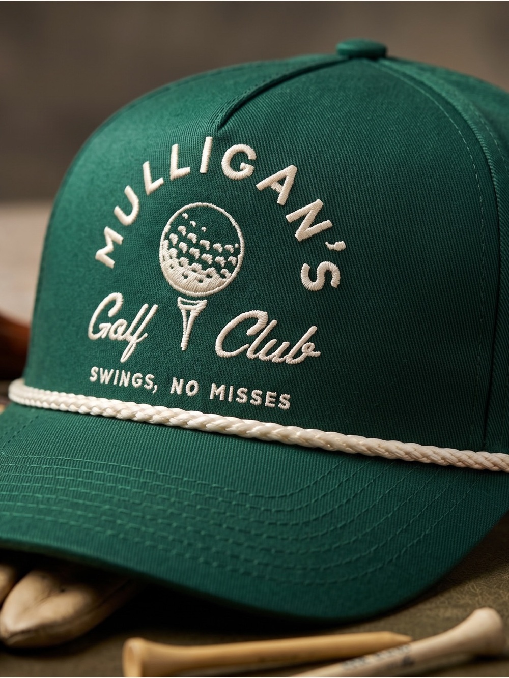 Mulligan’s Golf Club “Swings, No Misses” Green SnapBack Hat Cap Rope Detail